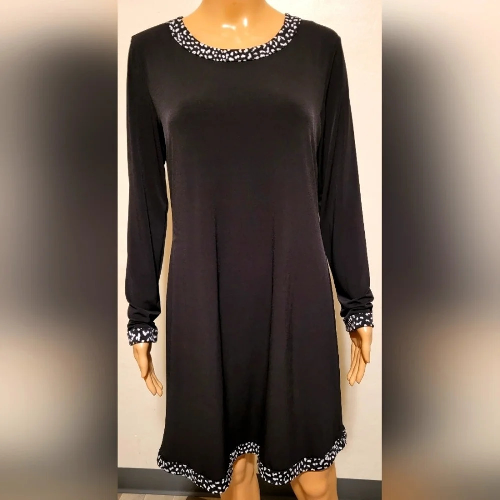 Michael Kors Black Black/White Animal Print Trim Long Sleeve Dress (Size L)